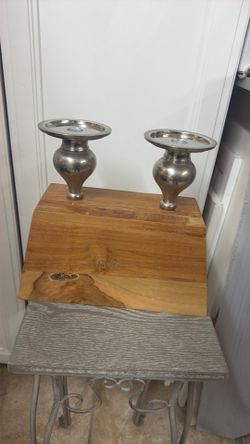 Dual wood and metal candlestick holder, silver finish, birch base