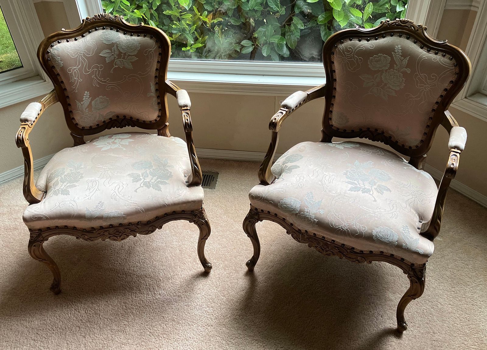 2 Antique Victorian Statement Chairs, Sturdy Botanical Carvings, Pink Upholstery