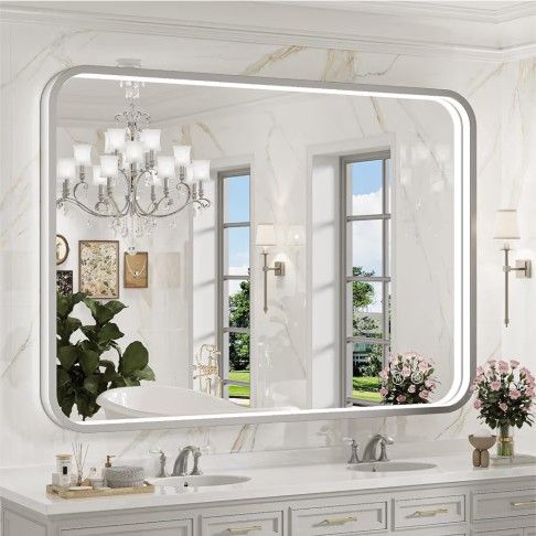 NIB 40x30 Inch LED Mirror for Bathroom,Brushed Sliver Metal Frame Lighted Vanity Mirror,Anti Fog Stepless Dimmable,Light Up Wall Mounted Mirror(Horizo