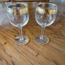 2 Gold and Blue Rimmed Matching Wine Glasses
