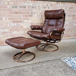 Mid Century Modern Ekornes Stressless Brown Leather Reclining Lounge Chair With Ottoman Vintage 