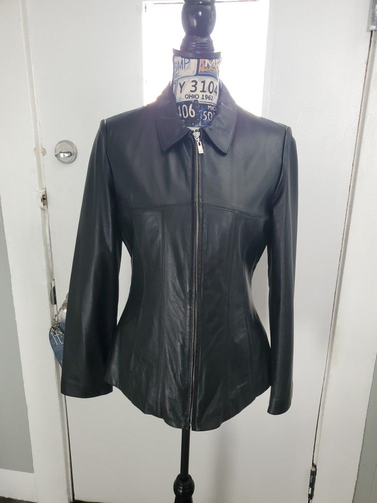 WILSONS LEATHER THINSULATE BLACK LEATHER FITTED ZIP UP JACKET