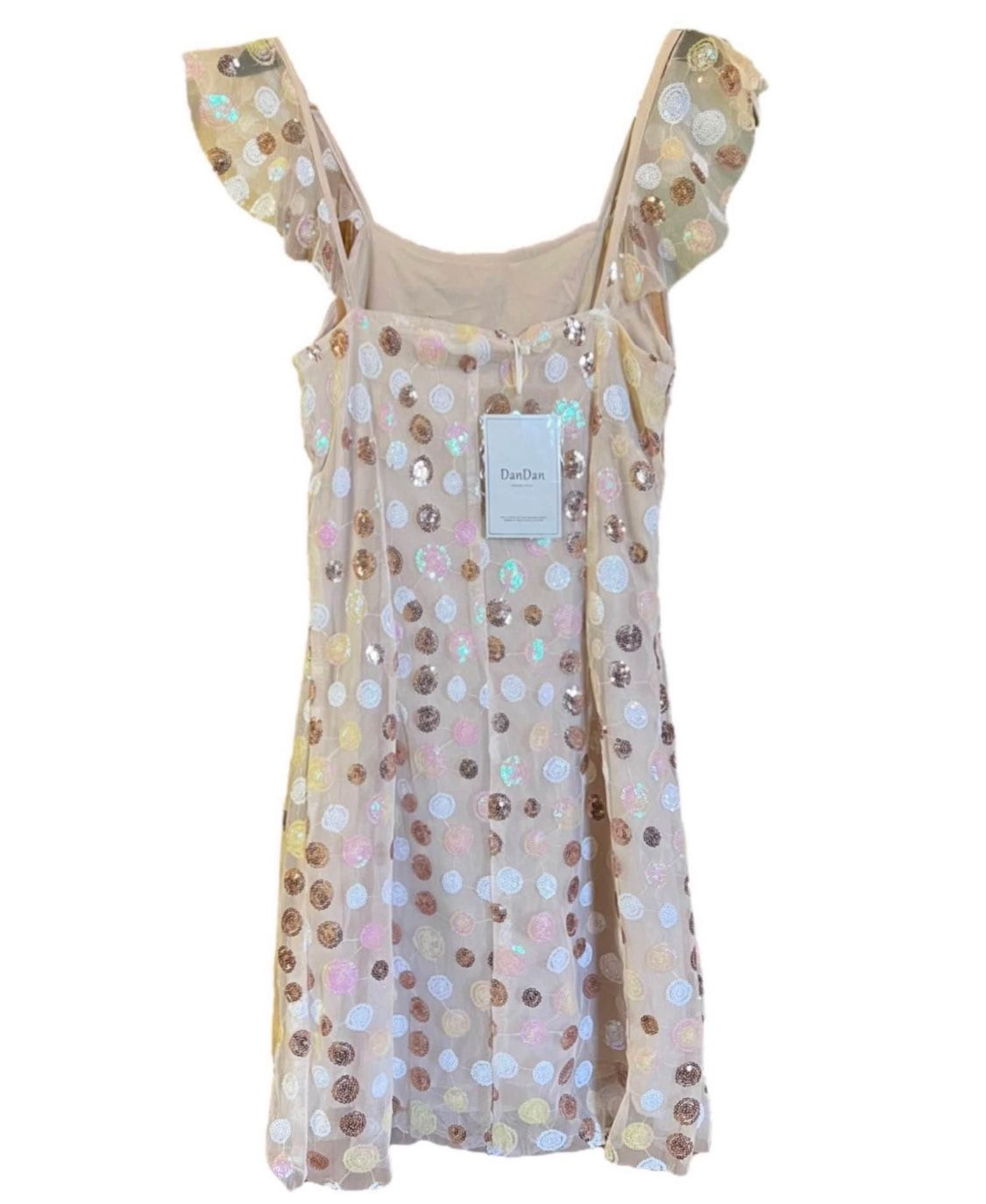 Dan Dan Women's Yellow Gold Sequin Print Short Sleeve Mesh Lined Short Dress | Size M youth  