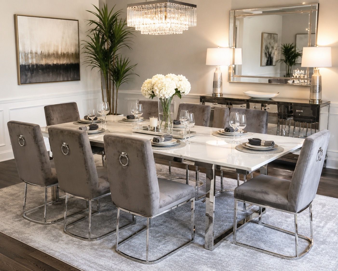 Set of 8 Modern Velvet Dining Chairs – Gray Upholstered Chrome Base Chairs