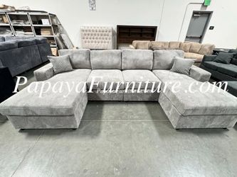 ✅ EASY Financing! NEW LARGE U Shape Sectional with TWO CHAISE LOUNGE Modern Light Grey Fabric Set BIG Couch SALE We Beat Bobs Discount Furniture SALE