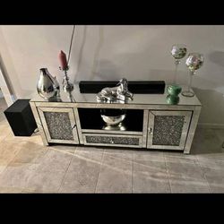 TV stand 60" width mirrored with crystals inlay TV entertainment 