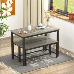 Dining Table Set for 4, Rectangular Kitchen Table Set w/ 2 Benches for Small Space,Gray