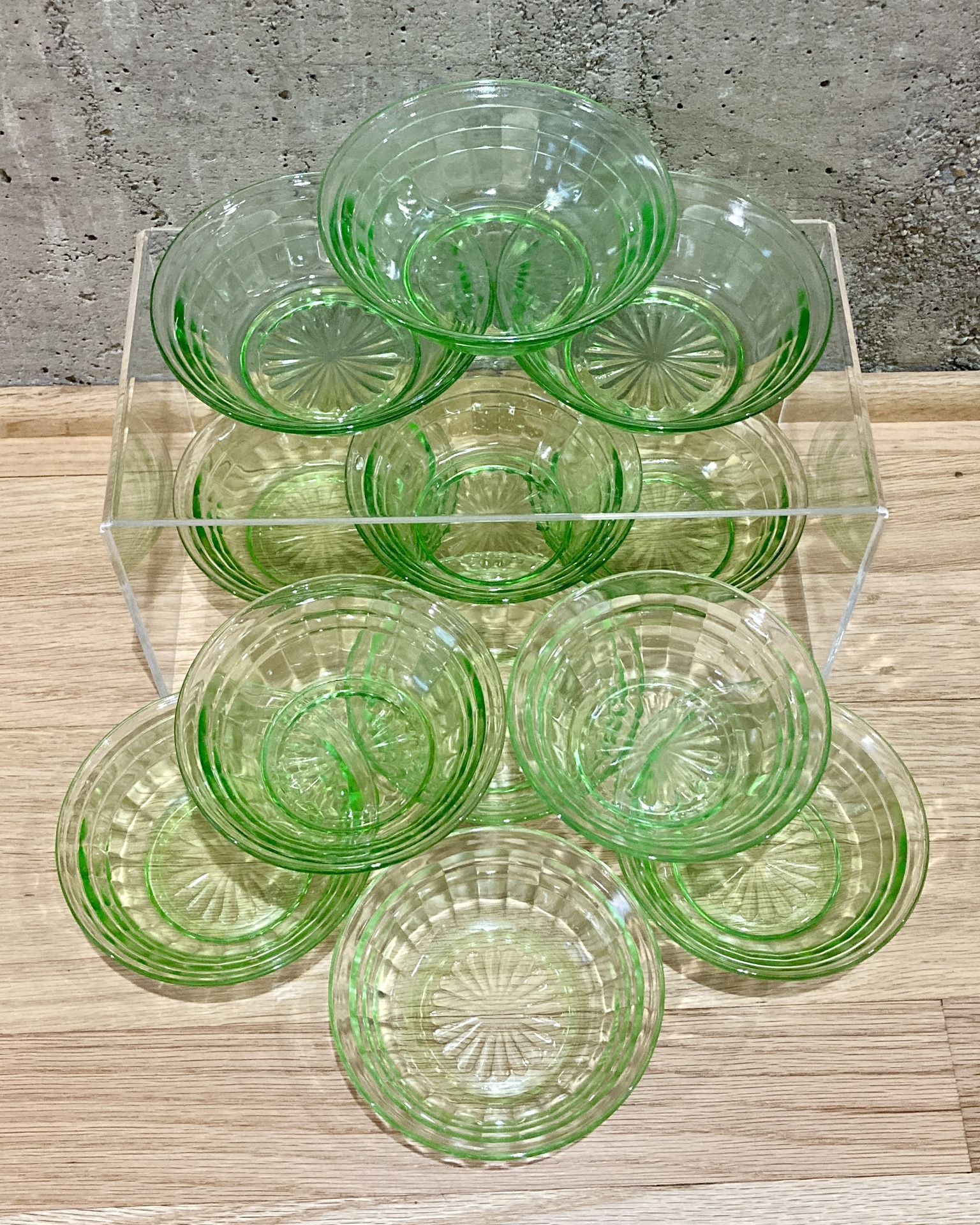 VTG Anchor Hocking Block Optic Small Dessert Bowls Green Depression Glass Vaseline/Uranium