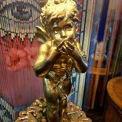 19th-century French gilt bronze sculpture/ Lamp entitled "The Lyre Player" (circa 1890), attributed to the renowned artist Auguste Moreau. Signed 17" 