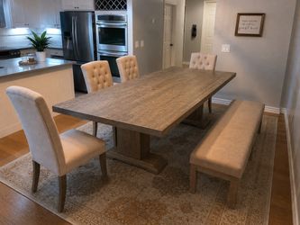 🤍 Beautiful Large Farmhouse Dining Table Set + Bench & 4 Chairs