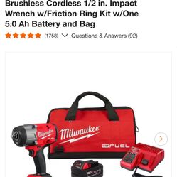 M18 FUEL 18V Lithium-Ion Brushless Cordless 1/2 in. Impact Wrench w/Friction Ring Kit w/One 5.0 Ah Battery and Bag