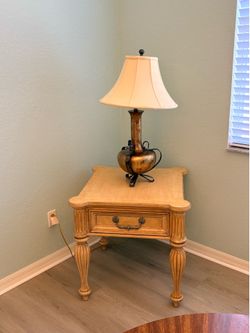 Wood table with lamp