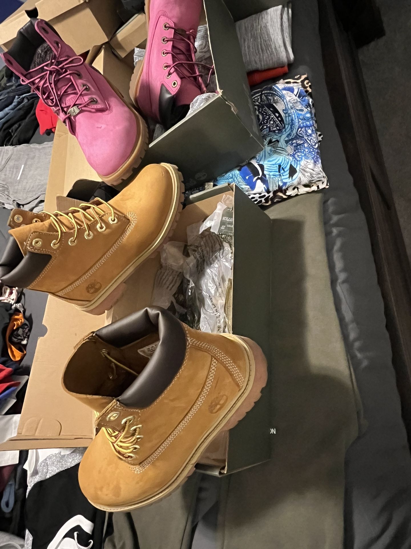 Pink Tims Size 5.5 Big Kids.$85) (Size 4.5 Tan/gold ) $85).👉🏽(2 Pairs Tims Size 12.5  Kids Tan, & Black Pairs $65 Each, Both Pairs $120.00 Used 👇🏽