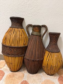 Vintage Set of 3 Flat-Back Hanging Wall Vases Baskets 22”, 19.5”, 17.5”