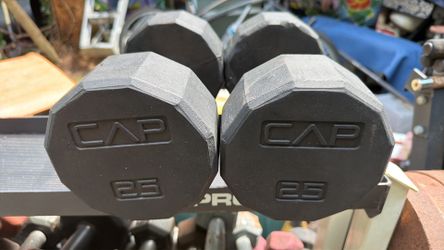 PAIR OF USED 25 LB. CAP RUBBER DUMBBELLS