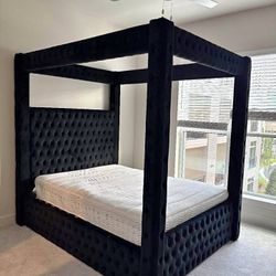 Black Canopy Upholstered King And Queen Size Bed W/ BT Speakers & USB Ports 