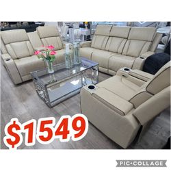 Beige Breathing Leather 3-Piece Living Room Recliner Sofa set ( Sofa +Loveseat + Chair )