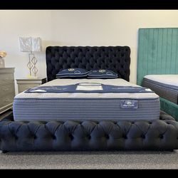 Black velvet queen platform bed frame