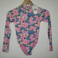 Roxy Girls 10 1 Pc Bodysuit UV Long Sleeve Rash Guard Swimsuit Pink Plumeria NWT