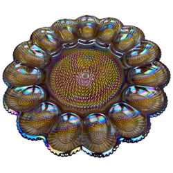 Indiana Carnival Glass Deviled Egg Platter Plate Amber Hobnail Iridescent 11"