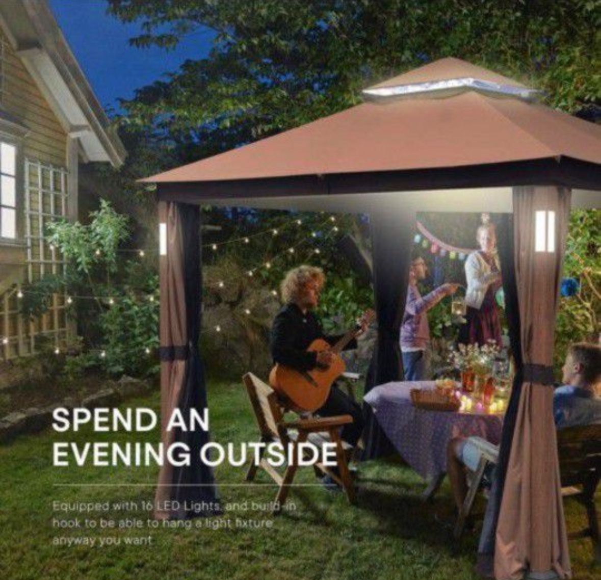 10x12 Gazebo Soft Top with LED Lights &Bluetooth Wireless Speaker Canopy Tent 2-Tier Curtain Double Roof