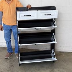 New In Box Shoe Storage Organizer Cabinet Heavy Duty Material With 2 Drawers And Fold Down Shelves Black and White 