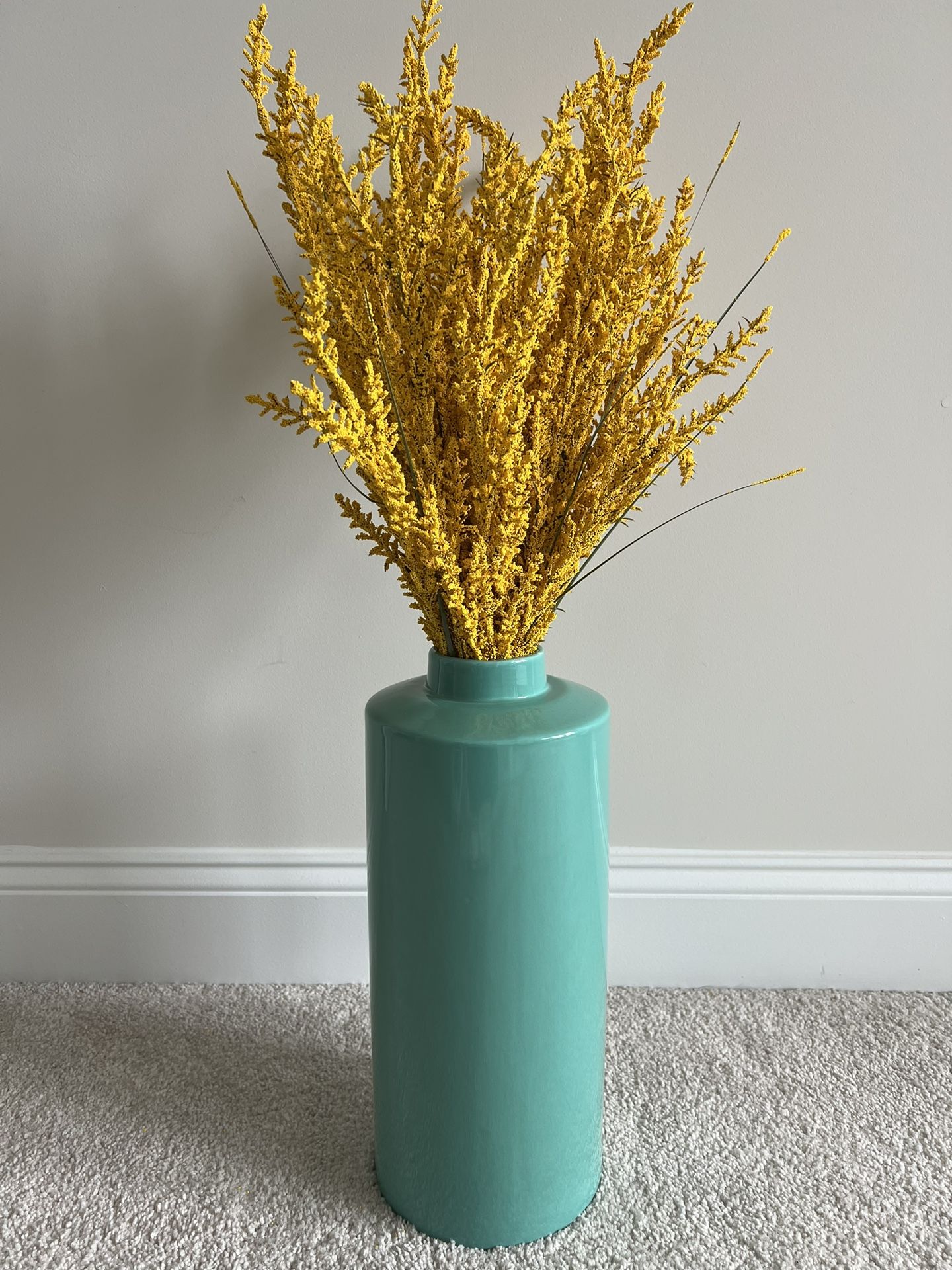 Beautiful Green Vase And Yellow Faux Flowers