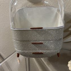 MASSY EGG SHAPE(OVAL) MAKEUP STORAGE BOX, COUNTERTOP PORTABLE VANITY COSMETICS ORGANIZER PREPPY STYLE (RHINESTONE WHITE)