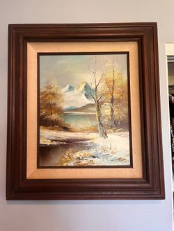 Framed Mountain Landscape Oil Painting