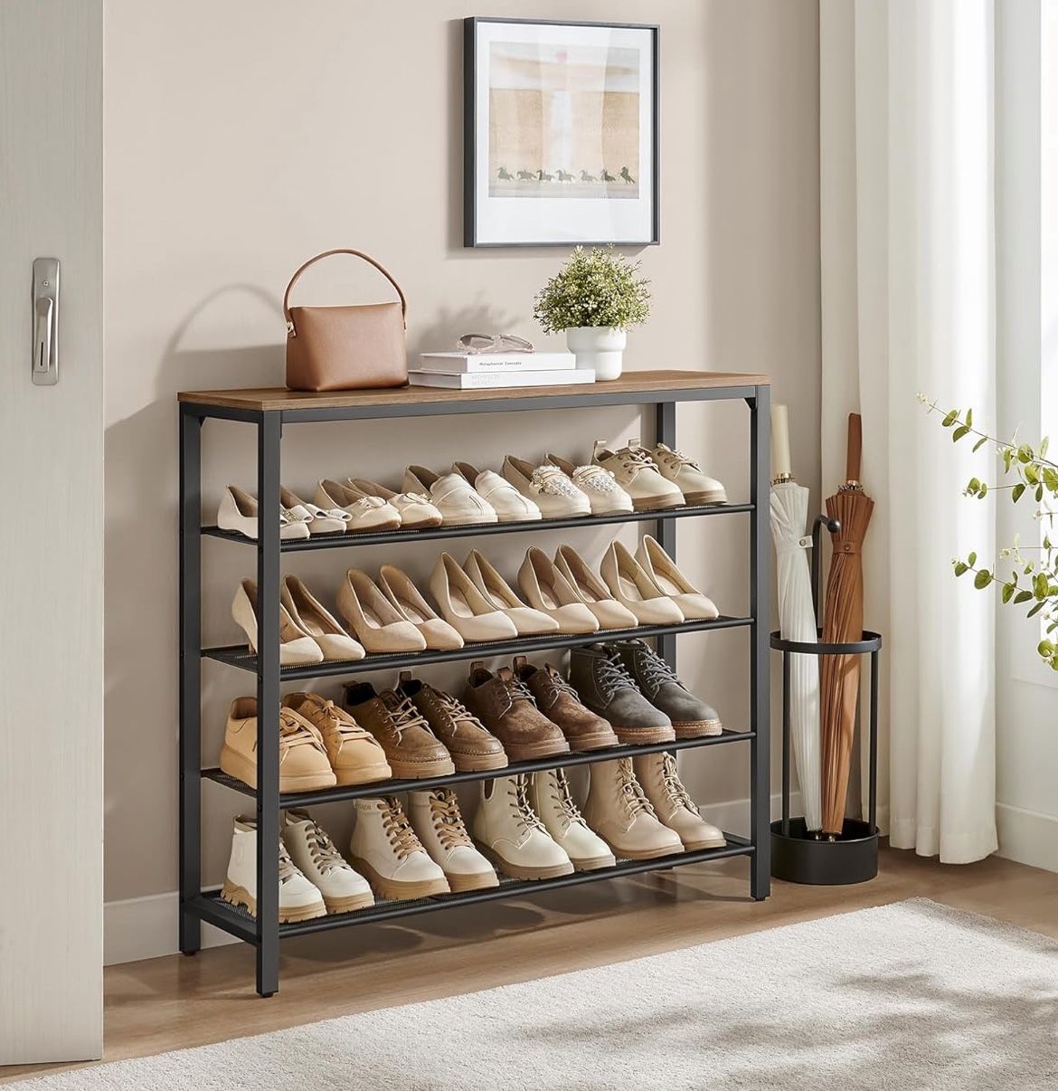 Shoe Rack, Shoe Storage Organiser with 4 Mesh Shelves and Large Surface for Bags, Shoe Shelf for Entryway, Hallway, Closet, Steel Frame, Industrial, H