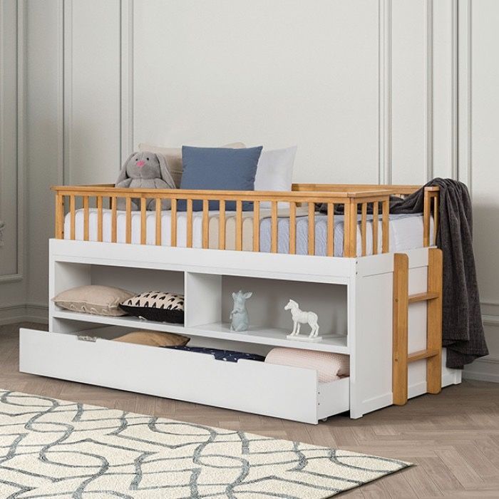 WHITE LIGHT OAK FINISH TWIN SIZE STORAGE BOOKCASE BED LOFT LADDER TRUNDLE