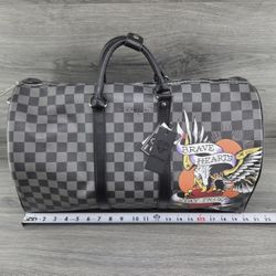 Ed Hardy Checked Duffle Weekender Travel Bag 'Brave Hearts Stay True'