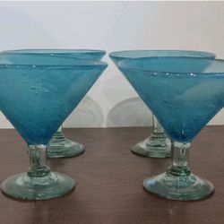 4 Modern Twister Art Martini Margarita Hand Blown Teal Bubble Glasses Clear Stem