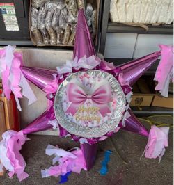 Coquette pink bow happy birthday 3D star pinata