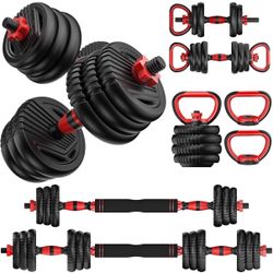 70LBS Adjustable Dumbbells,  Free Weight Set with Connector, 4 in1 Dumbbells Set Used as Barbell, Kettlebells, Push up Stand, Fitness Exercises for Ho