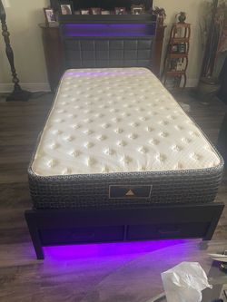 Upholstered Twin Size Bed Frame / Mattress With a Storage Headboard and LED Light With Mattress “Almost New” $200 Firm On Price