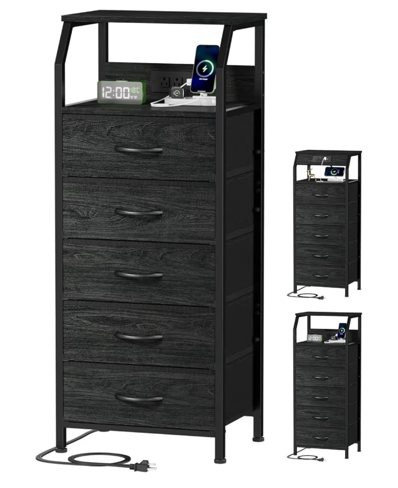 Furnulem 5 Drawers Dresser with Charging Station, Fabric Chest of Drawers with Open Shelf