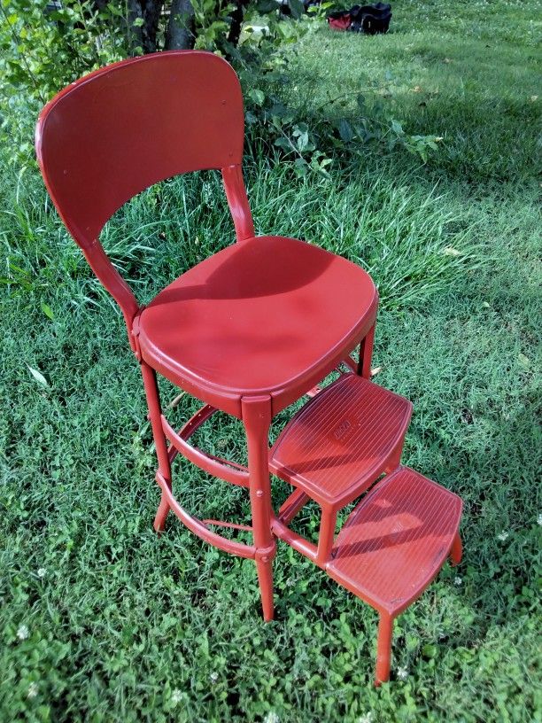 Mid-Century Cosco Red Metal Fold Out Step Stool Chair.
