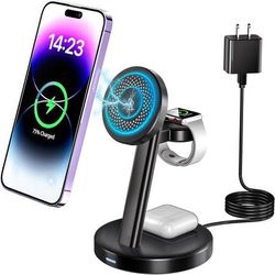 new Magnetic Wireless Charging Station for Apple Series,15W 3-in-1 Standard Fast Mag-Safe Charger Stand,QC3.0 Adapter,for iPhone 14,13,12 Pro Max/Pro/
