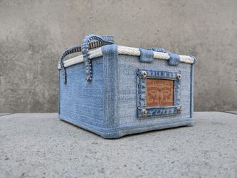(New) Original Handcrafted Artisan Upcycled Denim Mixed Material(s) Organizer Box - Made in USA