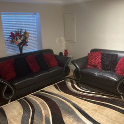 Black Leather Sofa Set, Pillows Included 