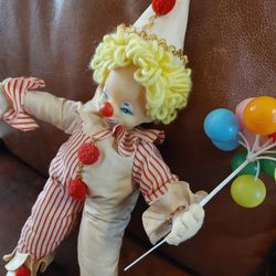Vintage Clown With Balloons, Stuffed Doll.