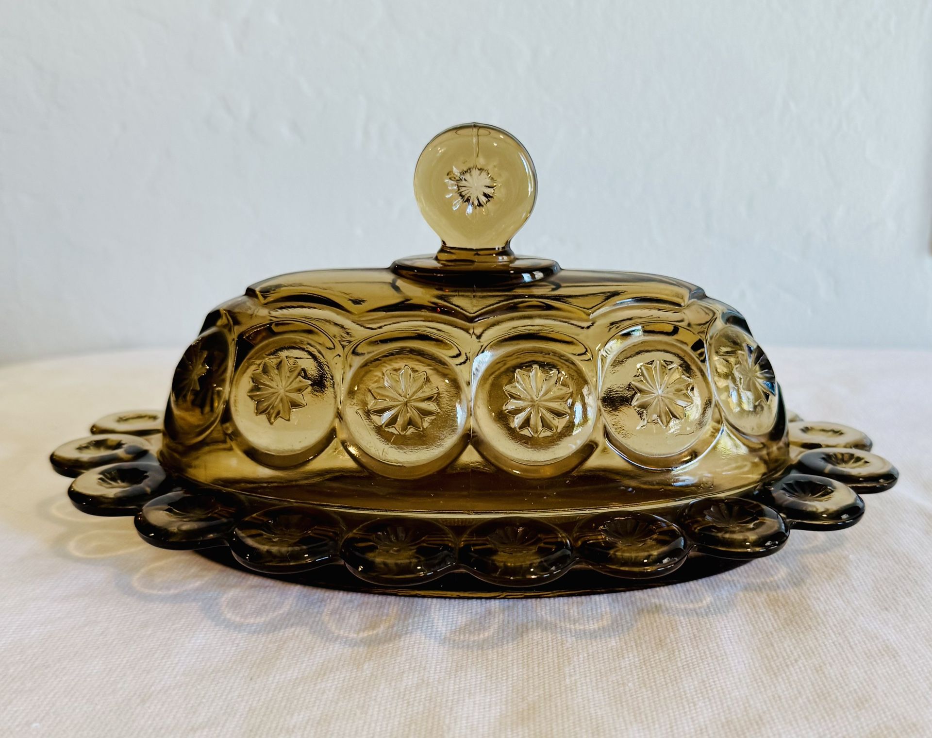 Vintage le smith moon and stars covered butter dish smoke brown