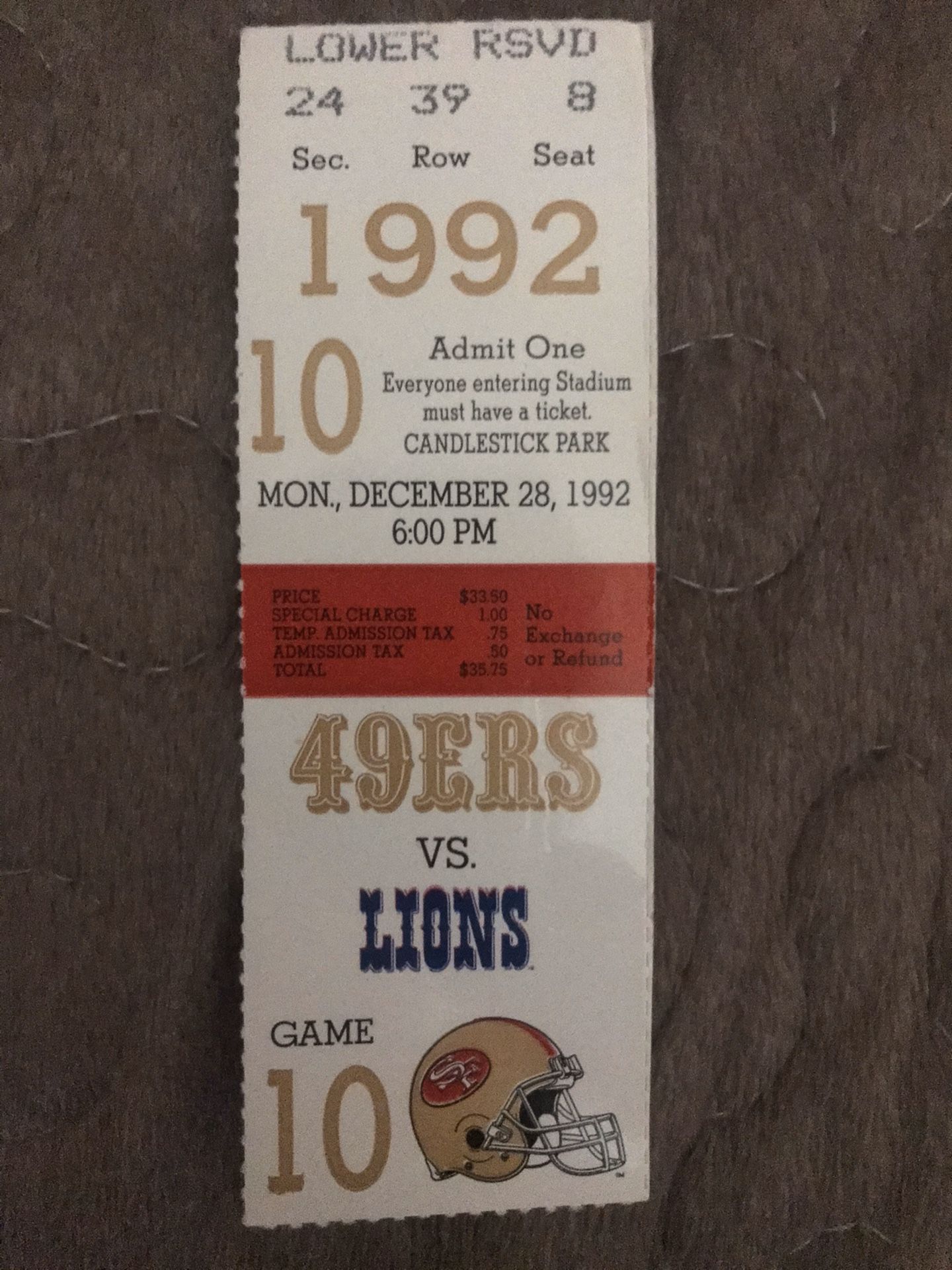 Detroit Lions San Francisco 49ers 1992 ticket Joe Montana Last Final Career Game