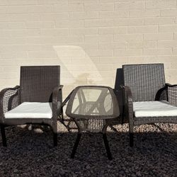 Outdoor Resin Wicker Patio Furniture  Set - 2 x Rattan Chairs with White Cushions and Glass Table