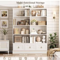 63” Bookshelf and Bookcase, 47" Wide Bookcase with Drawers, 5 Tier Book Shelves White X-20