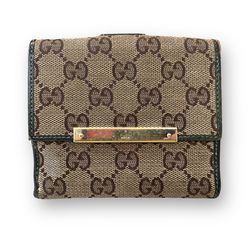  Gucci GG Monogram Classic Canvas & Green Leather Bifold Wallet