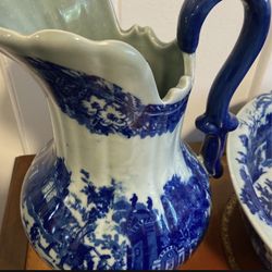 Vintage Large Victoria Ware Ironstone Pitcher And Bowl Blue And Jug And Basin Set Bathroom 