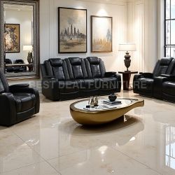 Black Leather Power Reclining Couch Set
