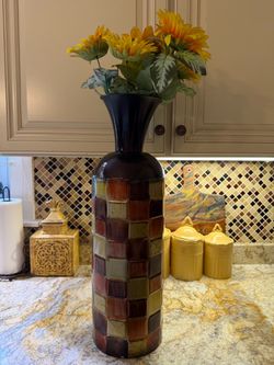 Tall Checkered Metal Floor Vase with Artificial Sunflowers (24” tall)